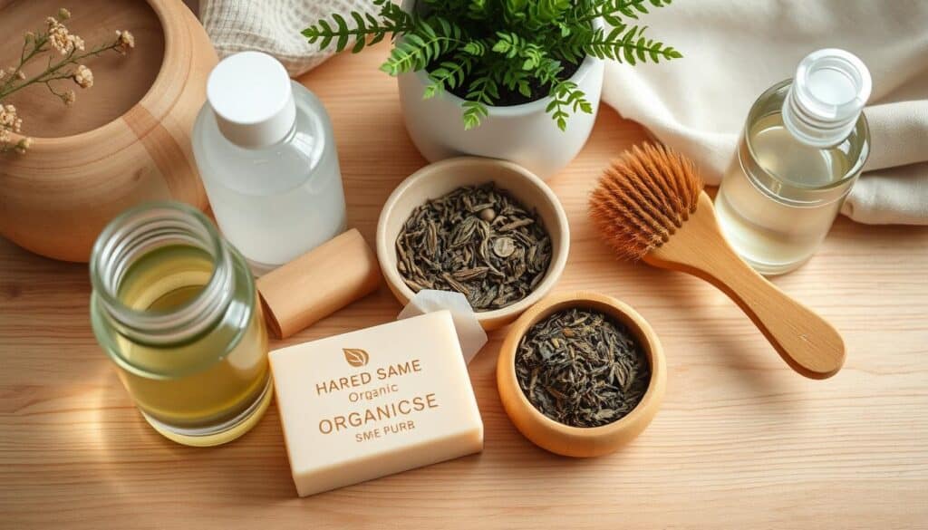 A well-lit, top-down view of an assortment of eco-friendly skincare essentials arranged on a natural wooden surface. In the foreground, a glass jar of organic facial serum, a bar of handmade soap, and a bamboo facial brush. In the middle ground, a ceramic bowl of dried herbs, a reusable cotton pad, and a glass bottle of facial toner. In the background, a lush green potted plant and natural linen textiles. The lighting is soft and diffused, creating a calming, spa-like atmosphere. The overall mood is one of simplicity, sustainability, and self-care.