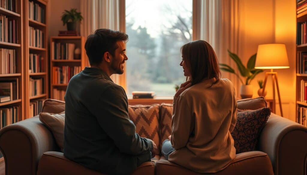 An intimate, cozy living room scene bathed in warm, soft lighting. In the foreground, two introverted figures sit comfortably on a plush sofa, engaged in deep conversation, their body language conveying a sense of ease and trust. Bookshelves line the walls, suggesting a space of intellectual stimulation and personal growth. Through a window in the background, a serene, nature-inspired landscape can be seen, hinting at the tranquility and rejuvenation found in meaningful relationships. The overall atmosphere is one of introspection, connection, and the recharging of introverted spirits.