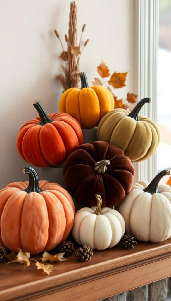 Assorted velvet pumpkins in fall colors arranged on a wooden table