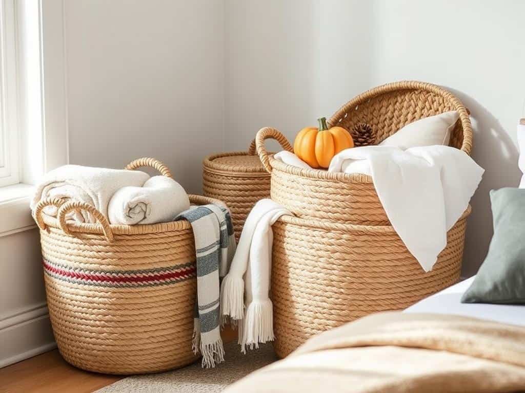 Bedroom corner with seagrass baskets holding throw blankets and fall decor items