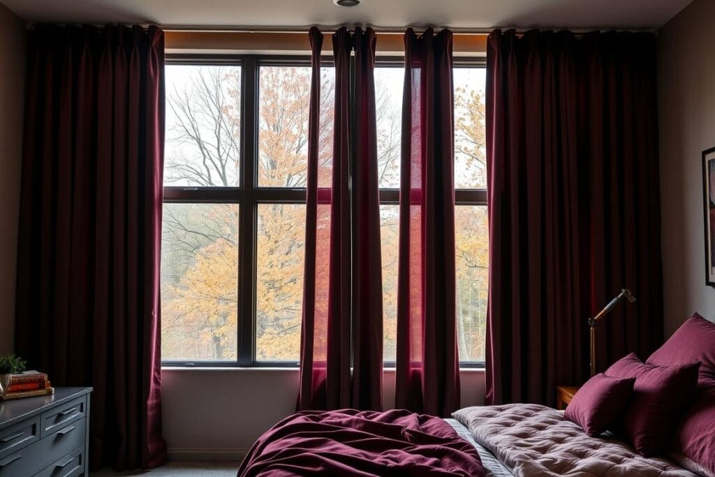 Bedroom with rich velvet curtains in deep fall colors