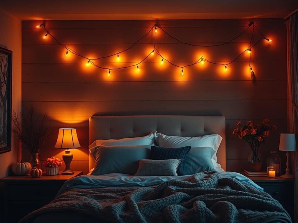 Bedroom with warm amber lighting creating a cozy fall atmosphere