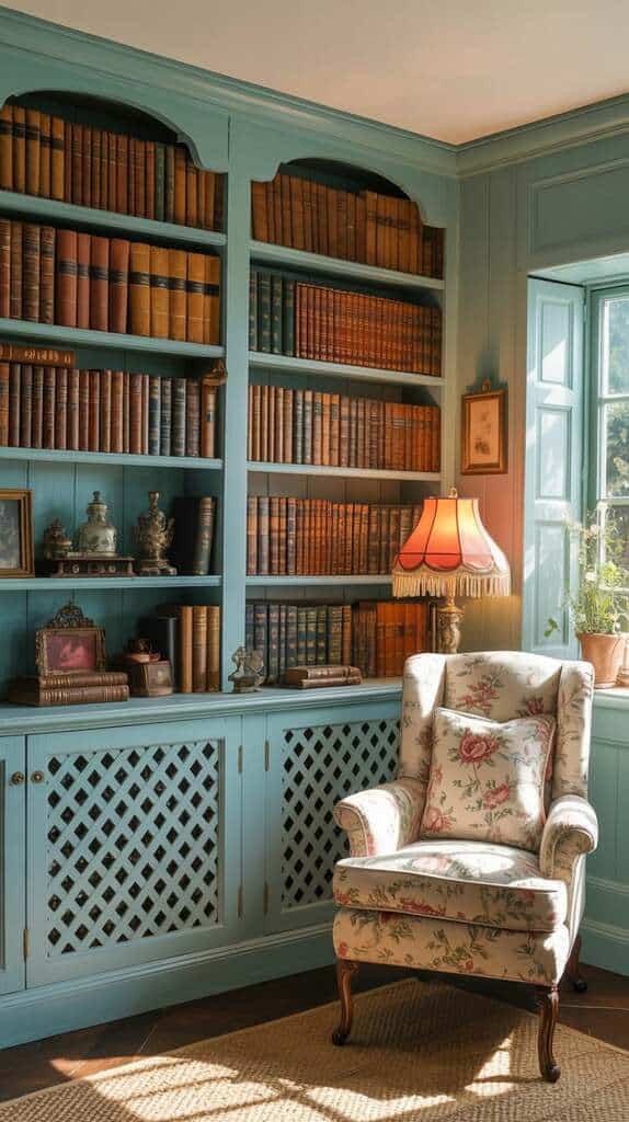 Bookshelves with decorative trellis latticework at the bottom in a colorful English cottage style room
