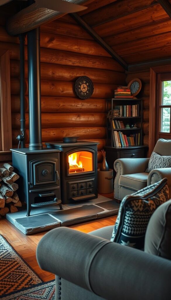 Cabin living room featuring a classic wood burning stove as an alternative to a traditional fireplace Cabin living room featuring a classic wood burning stove as an alternative to a traditional fireplace