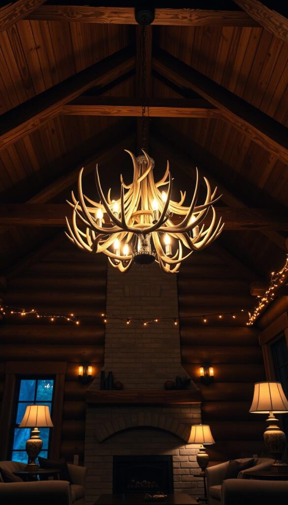 Cabin living room featuring dramatic rustic lighting fixtures including antler chandelier and industrial sconces Cabin living room featuring dramatic rustic lighting fixtures including antler chandelier and industrial sconces