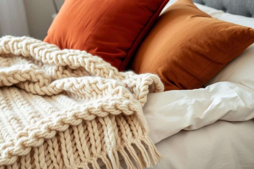 Close-up of layered fall bedroom textures including chunky knit throw, velvet pillows, and flannel sheets