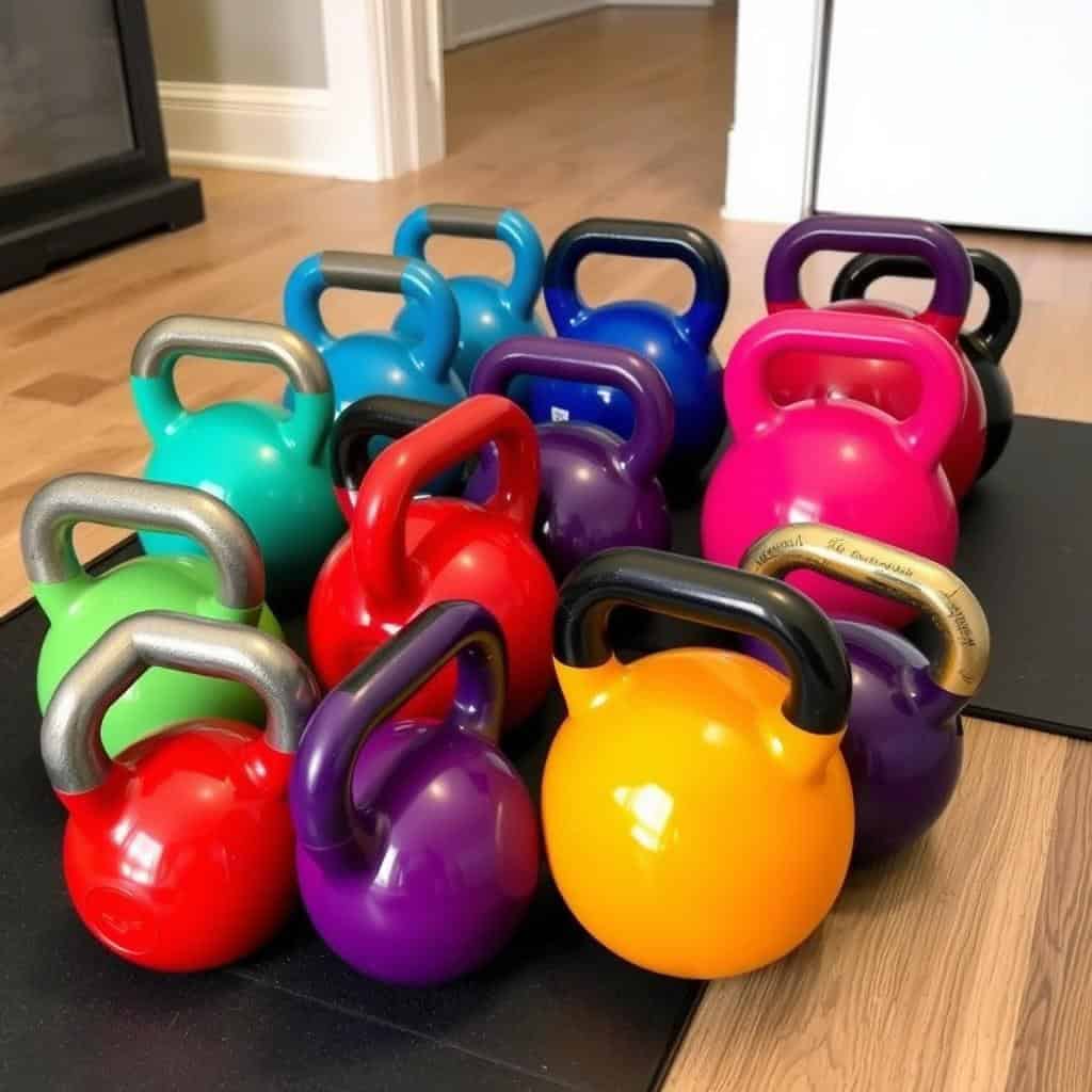 Colorful kettlebells for home strength training exercises