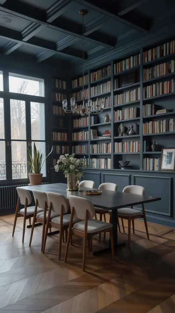 Combined dining room and library with dark walls, bookshelves surrounding a dining table with chairs