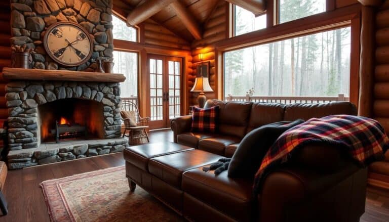 Cozy cabin living room with fireplace, wooden elements and warm lighting showcasing the cozy cabin aesthetic