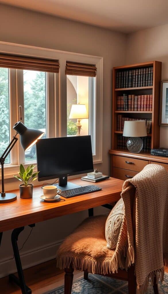 Cozy desk setup in a warm, inviting home office. Wooden desk with a large monitor, potted plant, and a mug of hot coffee. Soft indirect lighting from a desk lamp and ambient lighting from a window overlooking a cozy living space. Comfortable chair with plush cushions, a knit throw blanket, and decorative pillows. Bookshelves lined with leather-bound volumes and framed artwork on the walls. Minimalist, but with personal touches that inspire creativity and focus. The perfect environment to be productive all day long.