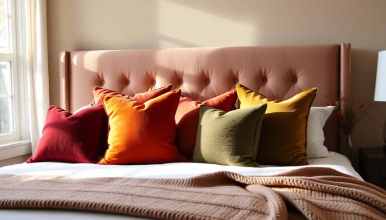 Cozy fall bedroom with stylish headboard and autumn-colored pillows