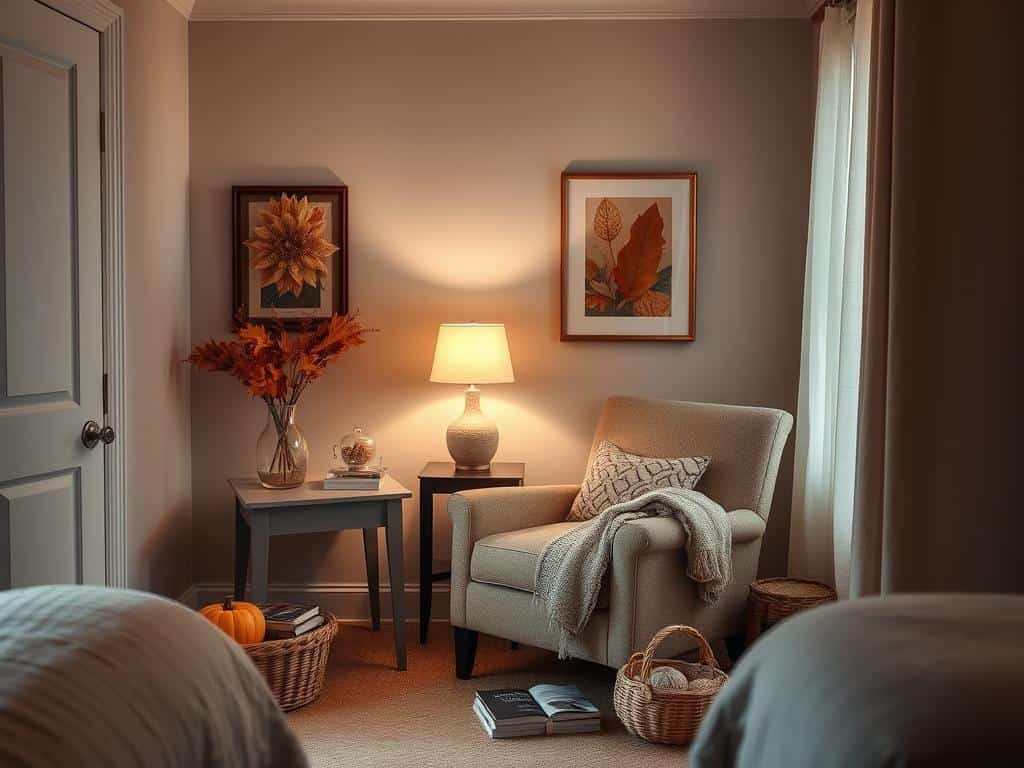 Cozy fall reading nook in bedroom corner with comfortable chair, side table, lamp, and throw blanket