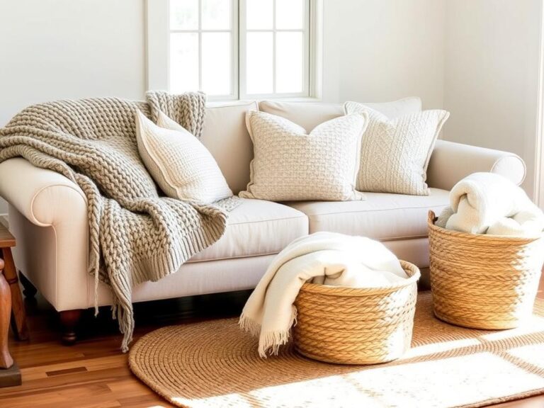 Cozy farmhouse living room with layered textures including knit throws, linen pillows, and a jute rug