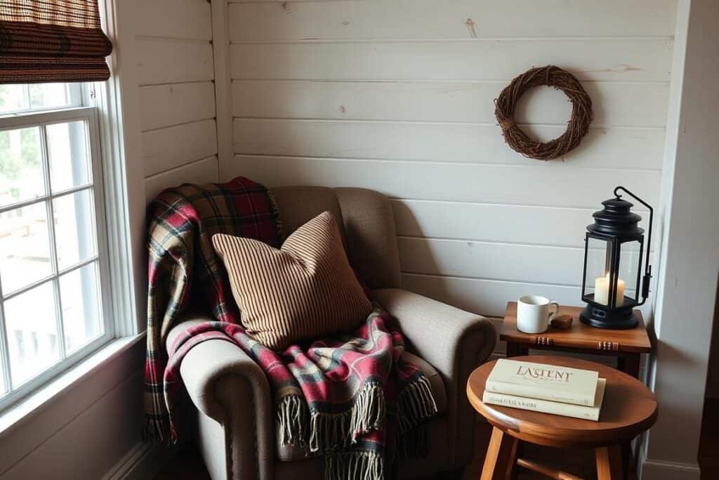 Cozy reading nook with armchair, side table and lamp creating perfect cabin aesthetic retreat