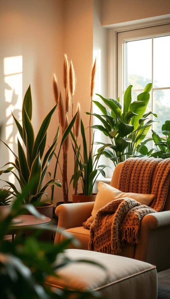 Cozy reading nook with lush indoor plants, warm lighting, and a plush armchair. The foreground features a comfortable upholstered chair, side table, and a cozy knitted blanket. In the middle ground, tall potted plants in earthy tones create a natural, calming ambiance. The background showcases a large window, allowing soft natural light to filter in and illuminate the space. The overall atmosphere is one of tranquility and serenity, inviting the viewer to curl up with a good book and escape into a peaceful, nature-inspired retreat.