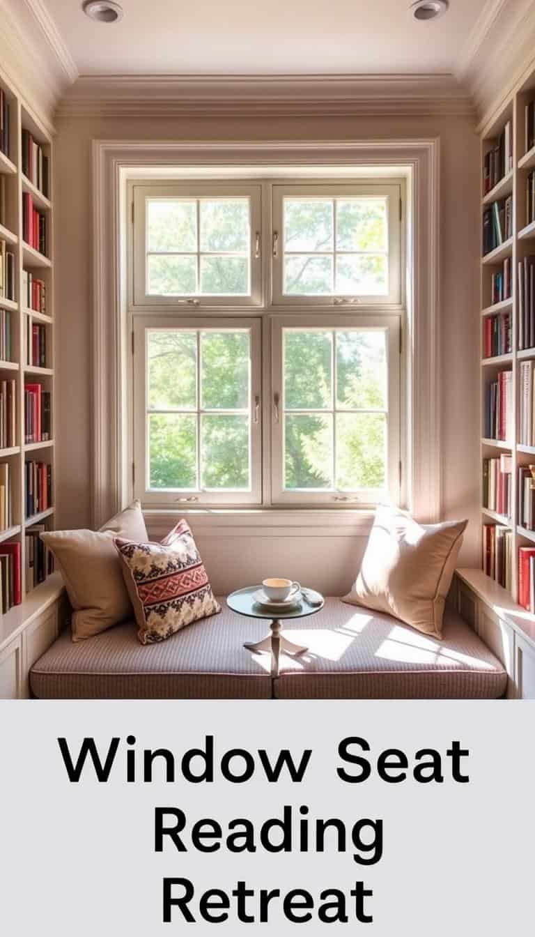 Cozy window seat home library with cushions, pillows and built-in bookshelves