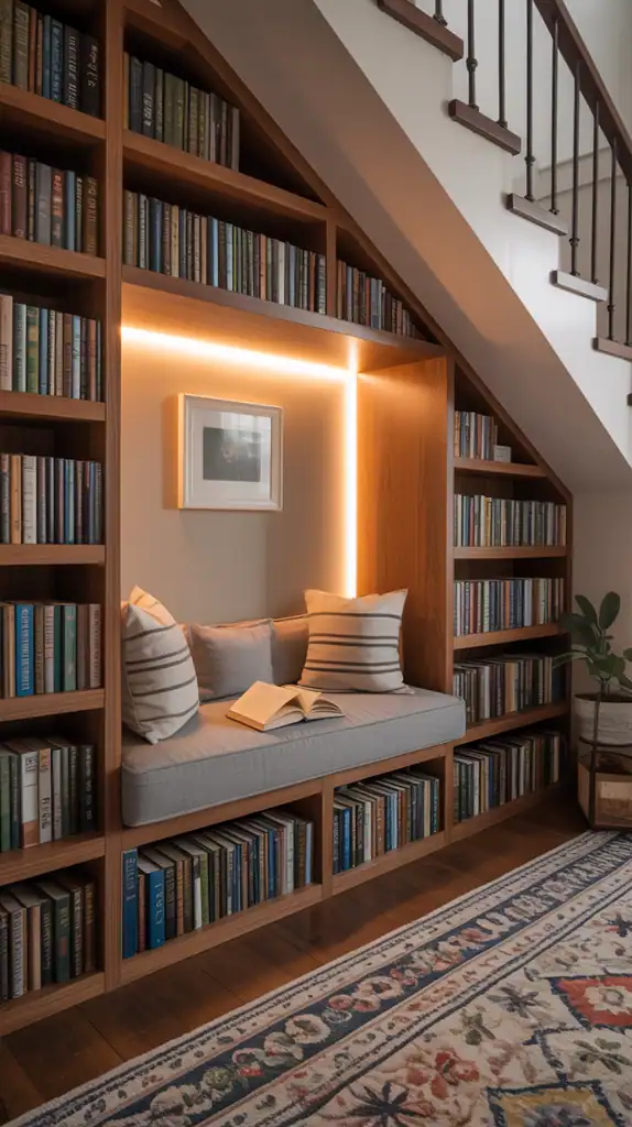 Custom bookshelves built into the space under a staircase with reading nook and accent lighting