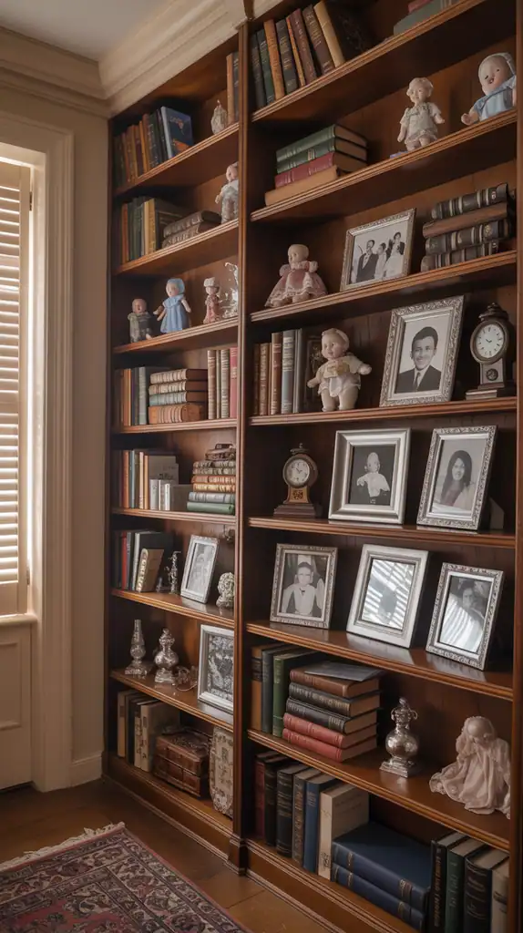 Custom built-in bookshelves displaying family heirlooms and antiques among books