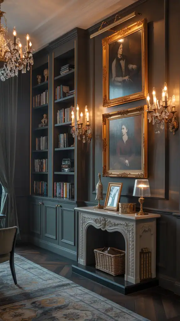 Dark moody library with gold-trimmed shelves, gold picture frames, and elegant sconces