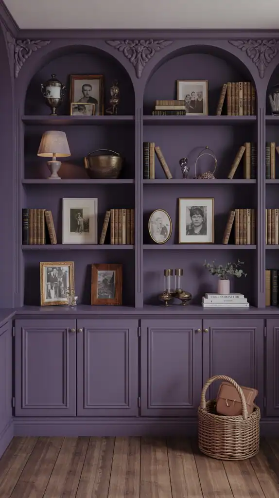 Dark purple built-in bookshelves displaying vintage treasures, antique books, and family photos