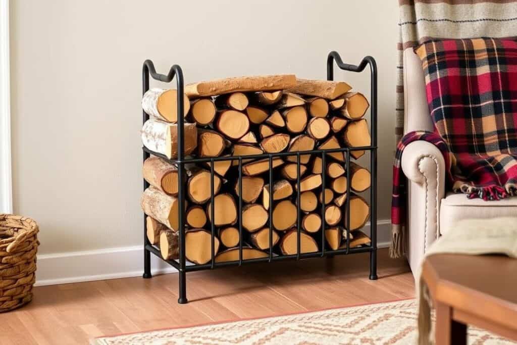 Decorative firewood display in a metal rack adding cozy cabin aesthetic to a living room