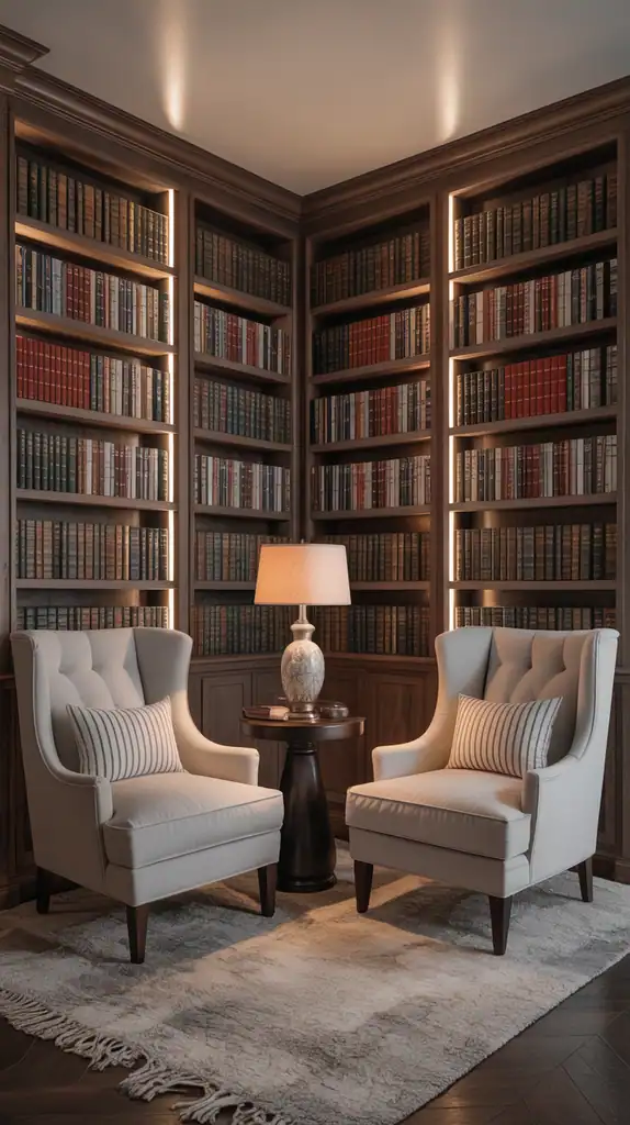 Elegant corner library with built-in shelves, two comfortable reading chairs, and sophisticated lighting