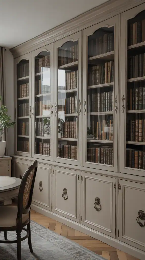 Elegant library with glass-fronted bookcases protecting valuable books, vintage hardware, and classic styling
