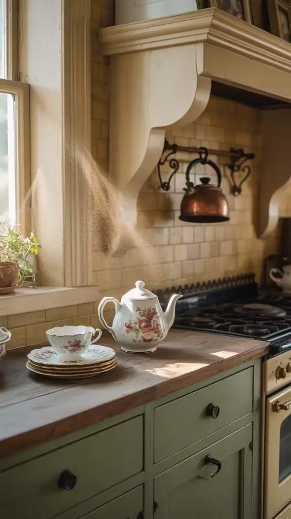 English country kitchen with warm cream walls, sage green cabinets, and natural wood accents