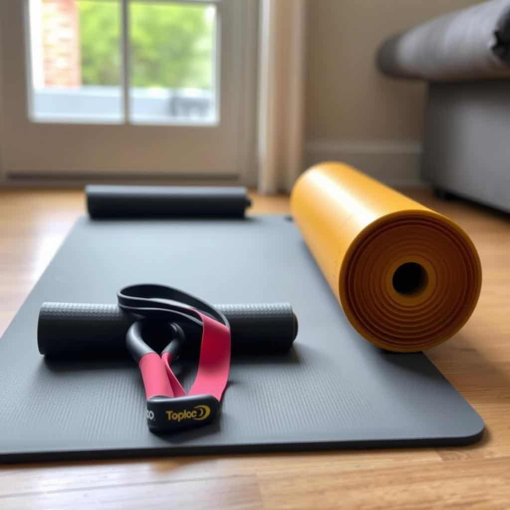 Exercise mat and resistance bands for home strength training