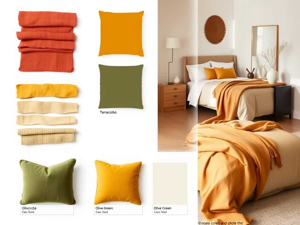 Fall bedroom color palette showing terracotta, mustard, olive green, and cream swatches with textile examples