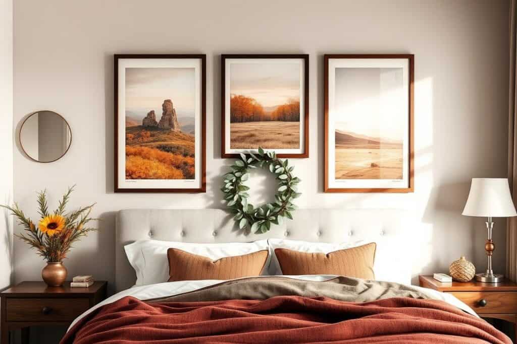 Fall bedroom wall with seasonal art prints in autumn colors and a small eucalyptus wreath