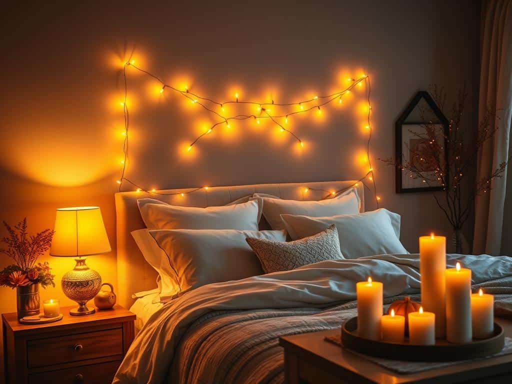 Fall bedroom with layered lighting including bedside lamps with warm bulbs and string lights