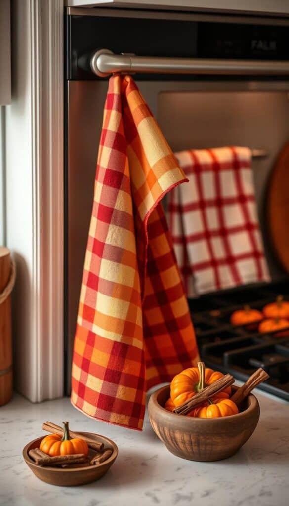 Fall kitchen with seasonal tea towels and a small pumpkin display