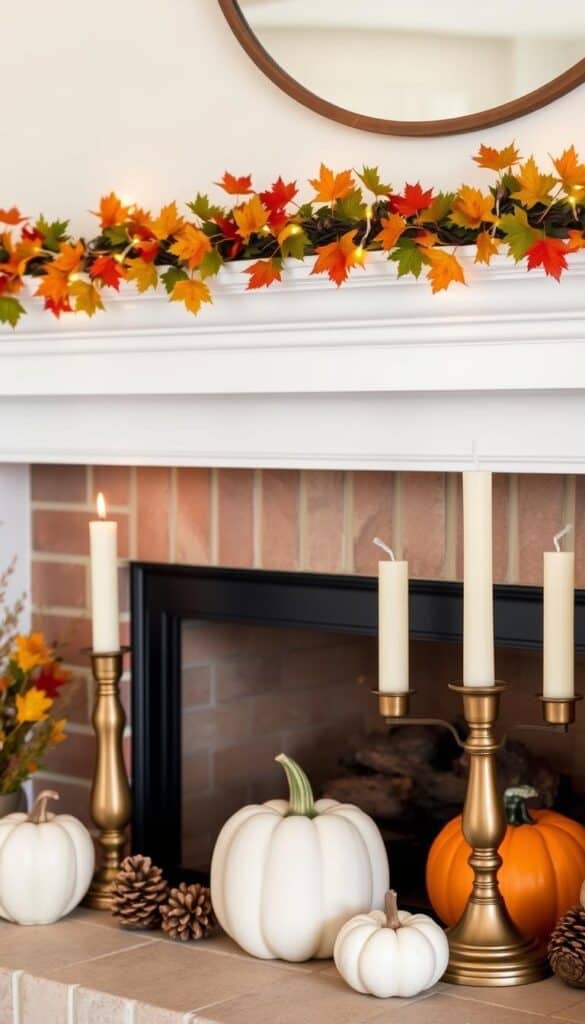 Fall mantel display with garland, candles and pumpkins
