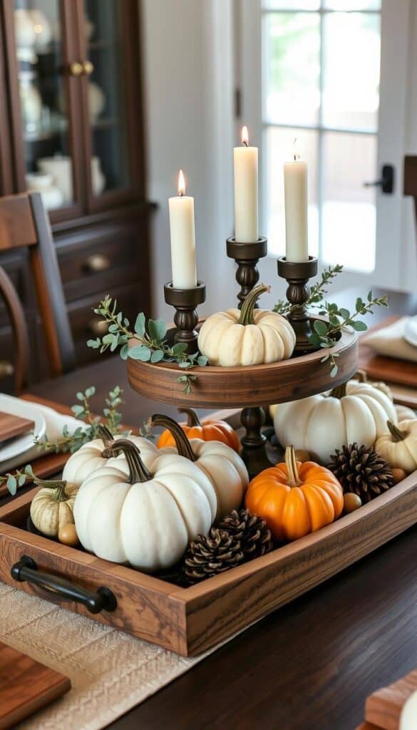 Fall table centerpiece with tiered tray, mini pumpkins and candles