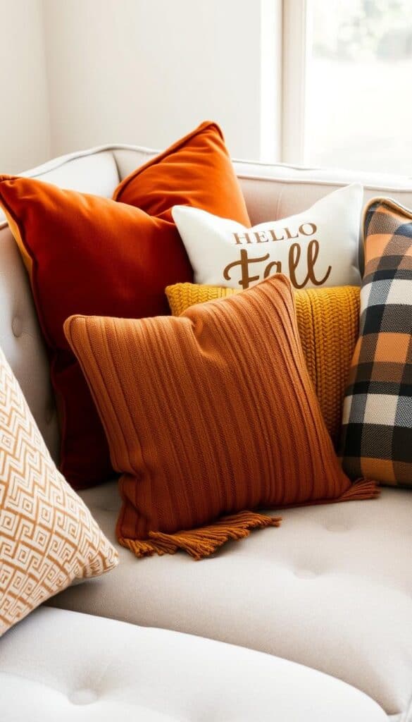 Fall-themed throw pillows in various textures and patterns