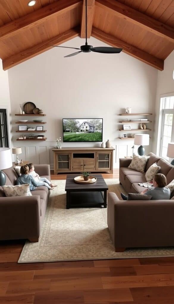 Farmhouse living room layout designed for family TV viewing with comfortable seating
