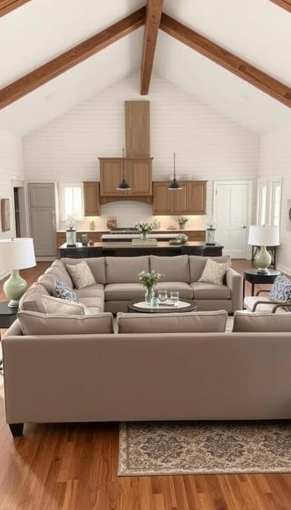 Farmhouse living room layout using furniture to divide an open concept space