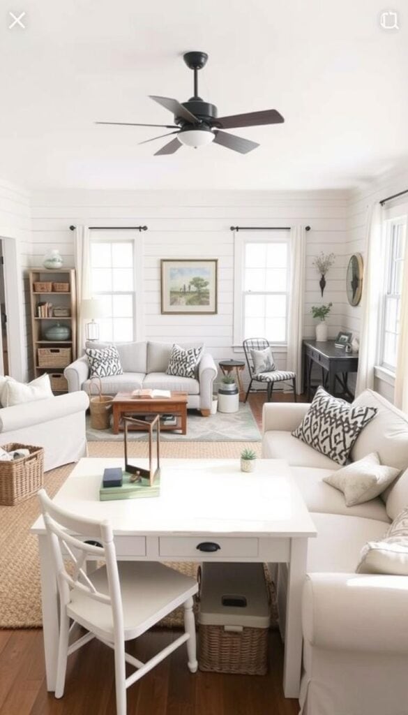 Farmhouse living room layout with both relaxation area and small workspace integrated