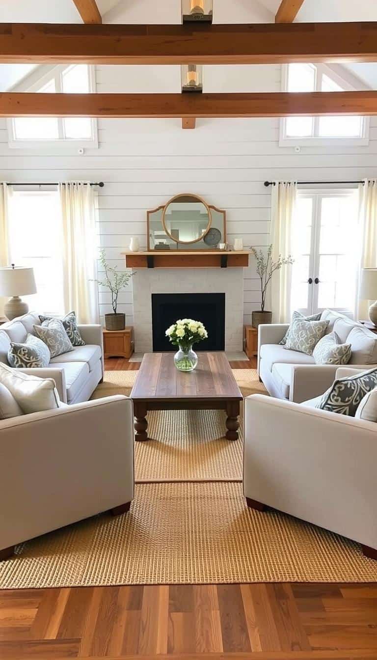 Farmhouse living room layout with sofas and chairs arranged in a circle around a rustic coffee table