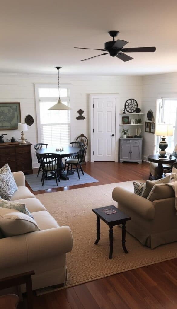 Farmhouse living room with a dedicated game table area for family gatherings