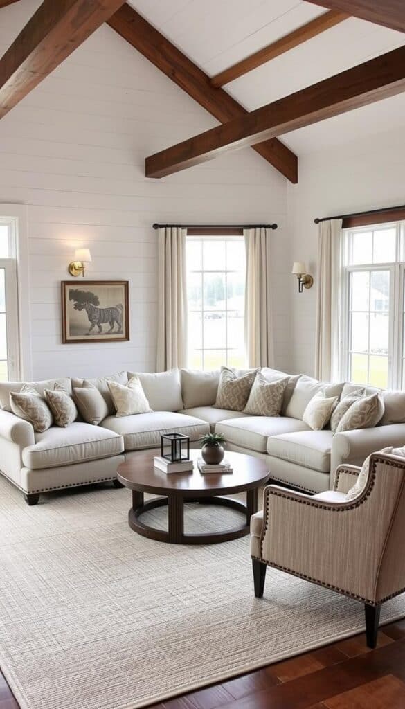 Farmhouse living room with an L-shaped sectional creating a cozy corner seating area