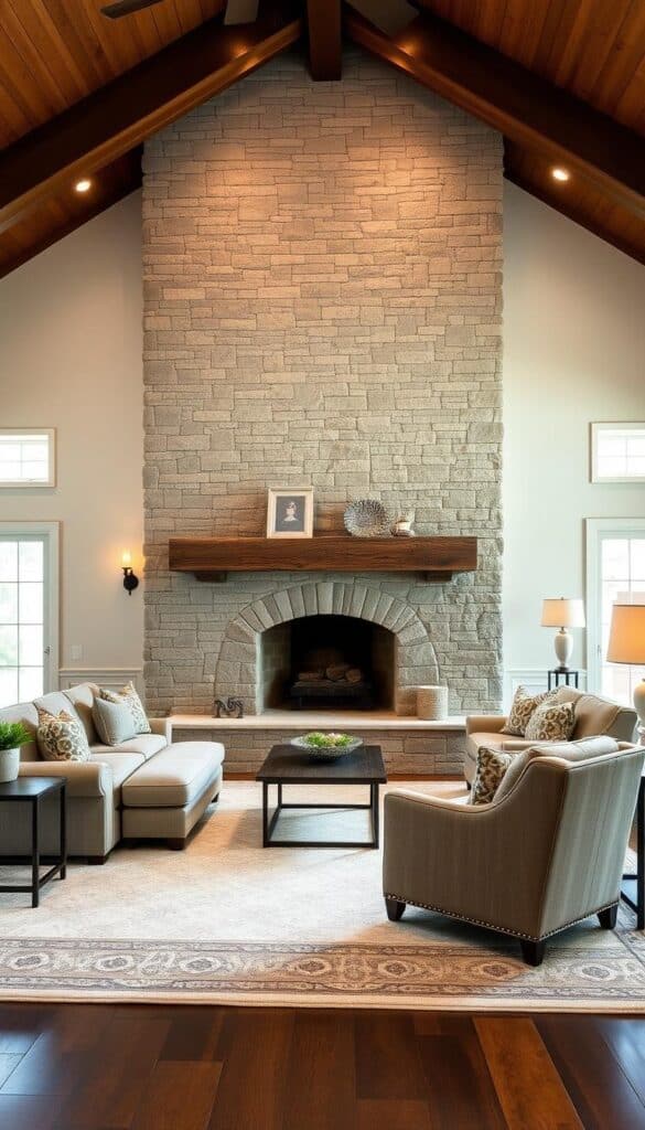 Farmhouse living room with furniture arranged around a stone fireplace as the focal point