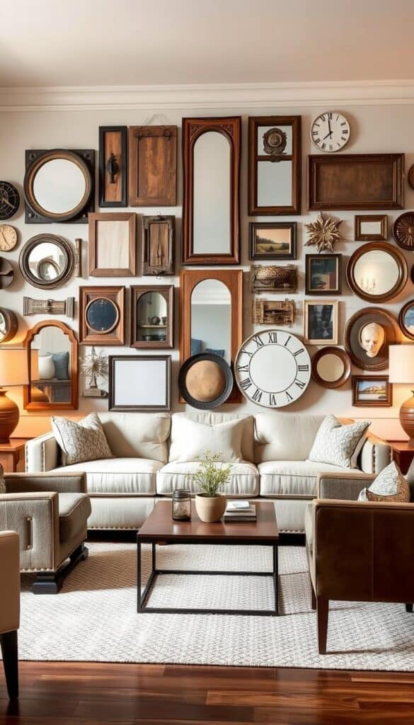 Farmhouse living room with furniture arranged to showcase a textured gallery wall