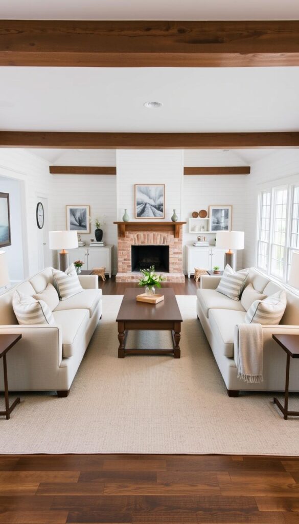 Farmhouse living room with symmetrical furniture arrangement featuring matching chairs