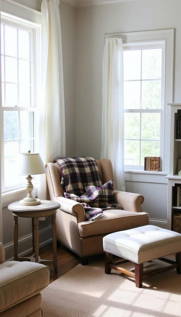 Farmhouse reading nook with comfortable chair positioned by a large window with natural light