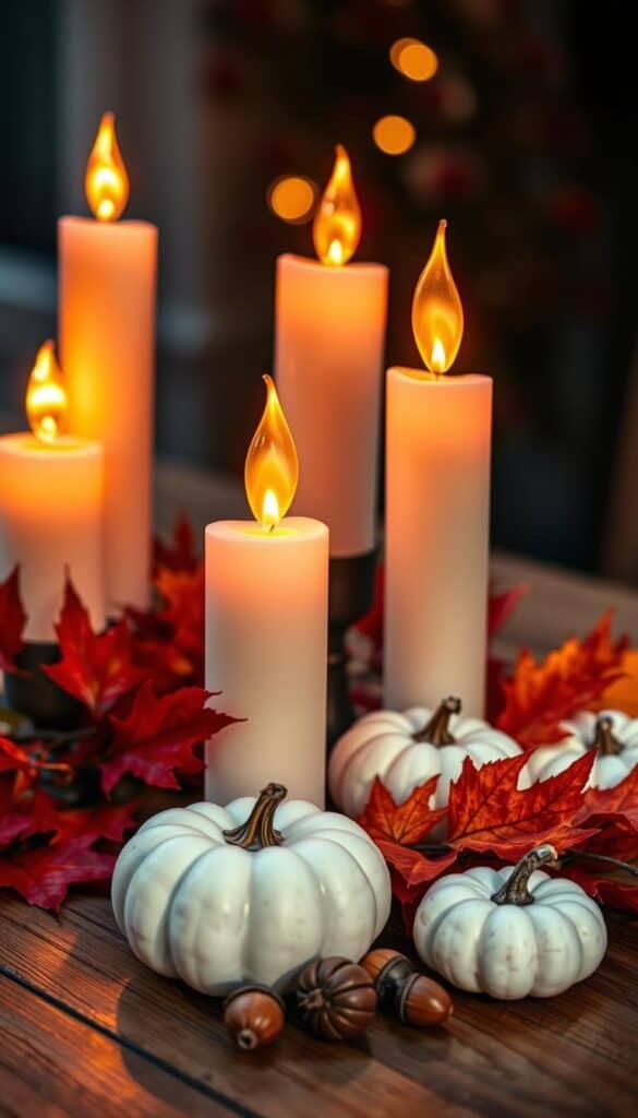 Flameless LED candles arranged with fall leaves and small pumpkins