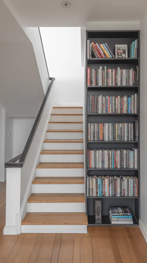 Floor-to-ceiling double-height bookcase with color-coordinated books in a modern townhome stairwell