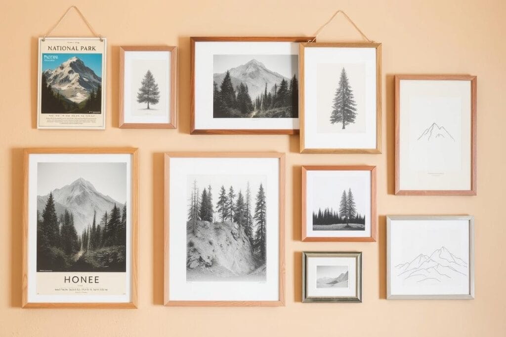Gallery wall with nature-inspired art prints creating cozy cabin aesthetic