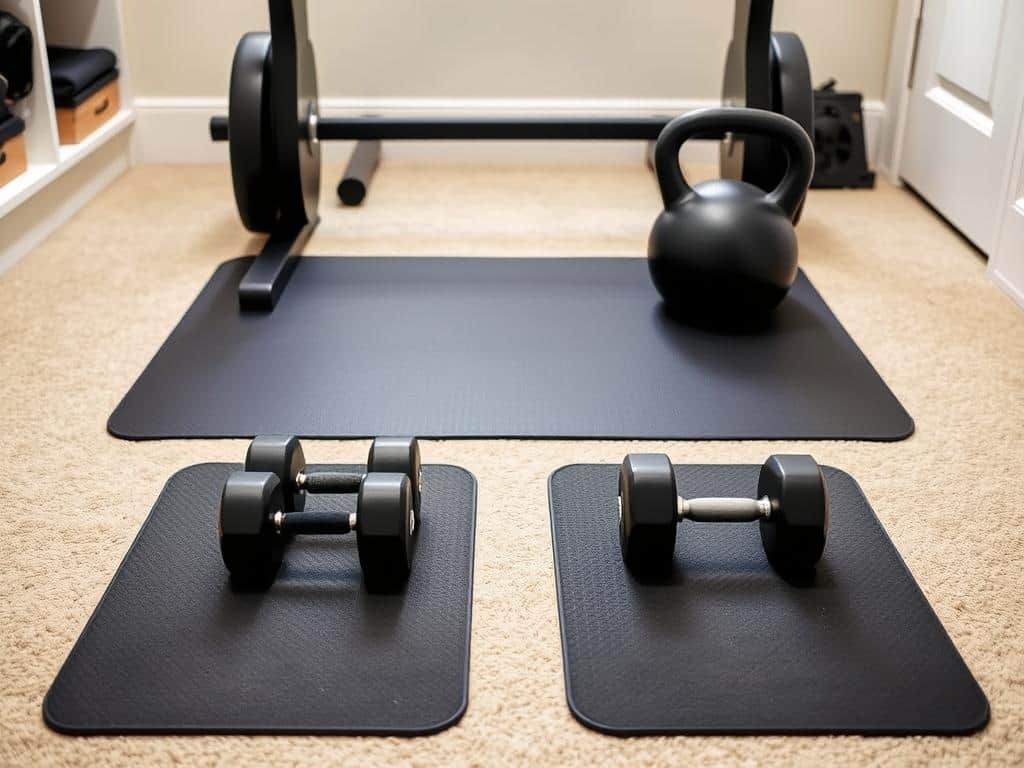 Home gym setup with protective floor mats and equipment